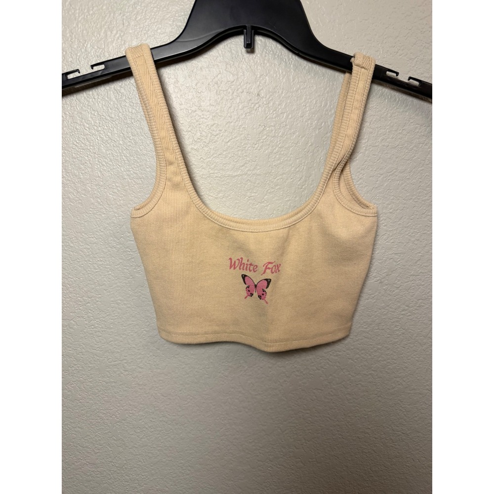 White Fox Boutique Ribbed Butterfly Crop Top Beige Pink XS